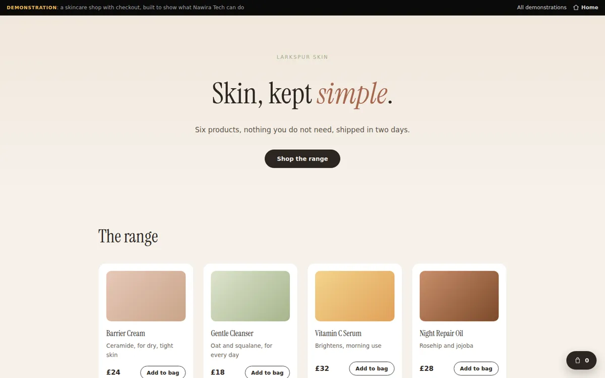 Preview of the Larkspur Skin demonstration shop