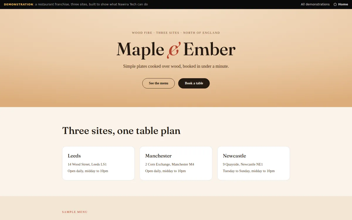 Preview of the Maple and Ember demonstration restaurant site