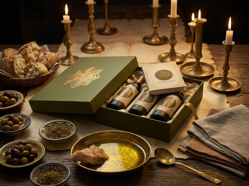 A boxed gift set of olive oil on a table set with candles, bread and olives.