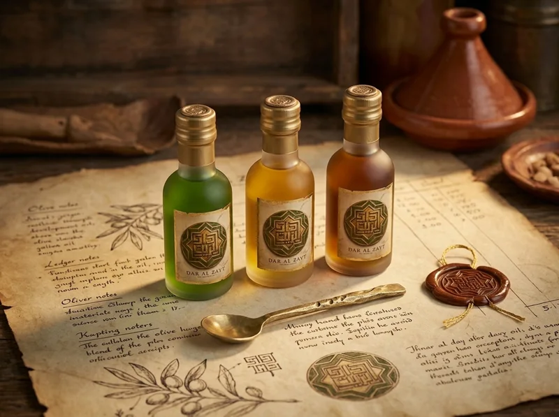 Three bottles of olive oil on an old handwritten ledger page.